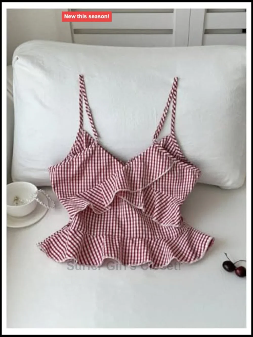 Gingham Print Spaghetti Strap Cami Top Ruffle Hem Peplum Sleeveless V-Neck